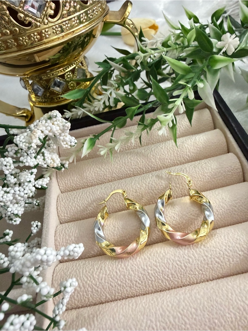 Tri-Tone Twisted Hoop Earrings - Gold, Silver & Rose gold plated earrings